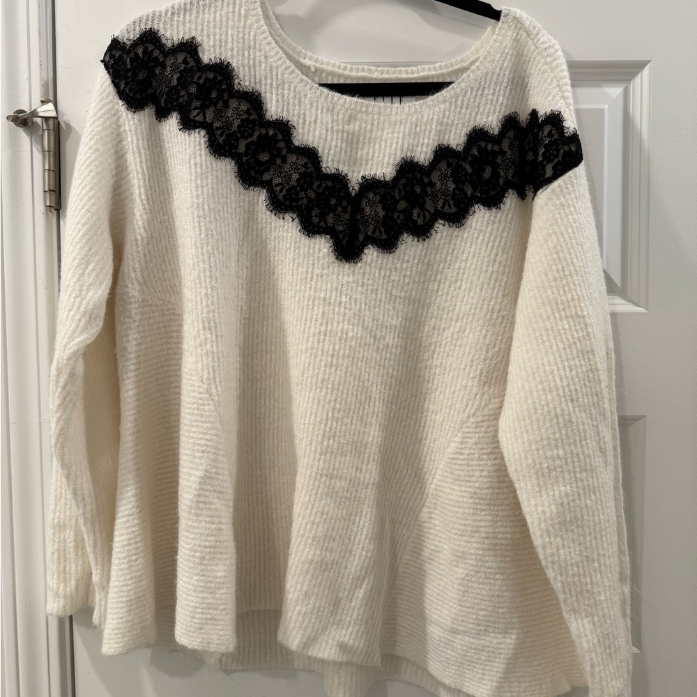 Elle White Sweater with Black Lace Accent